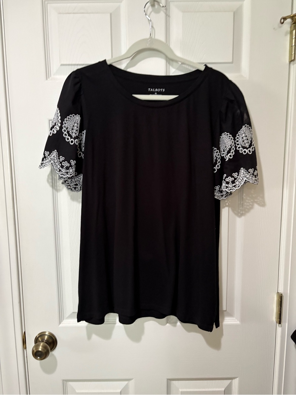 Talbots Black Short Sleeve Top with White Lace Sleeves